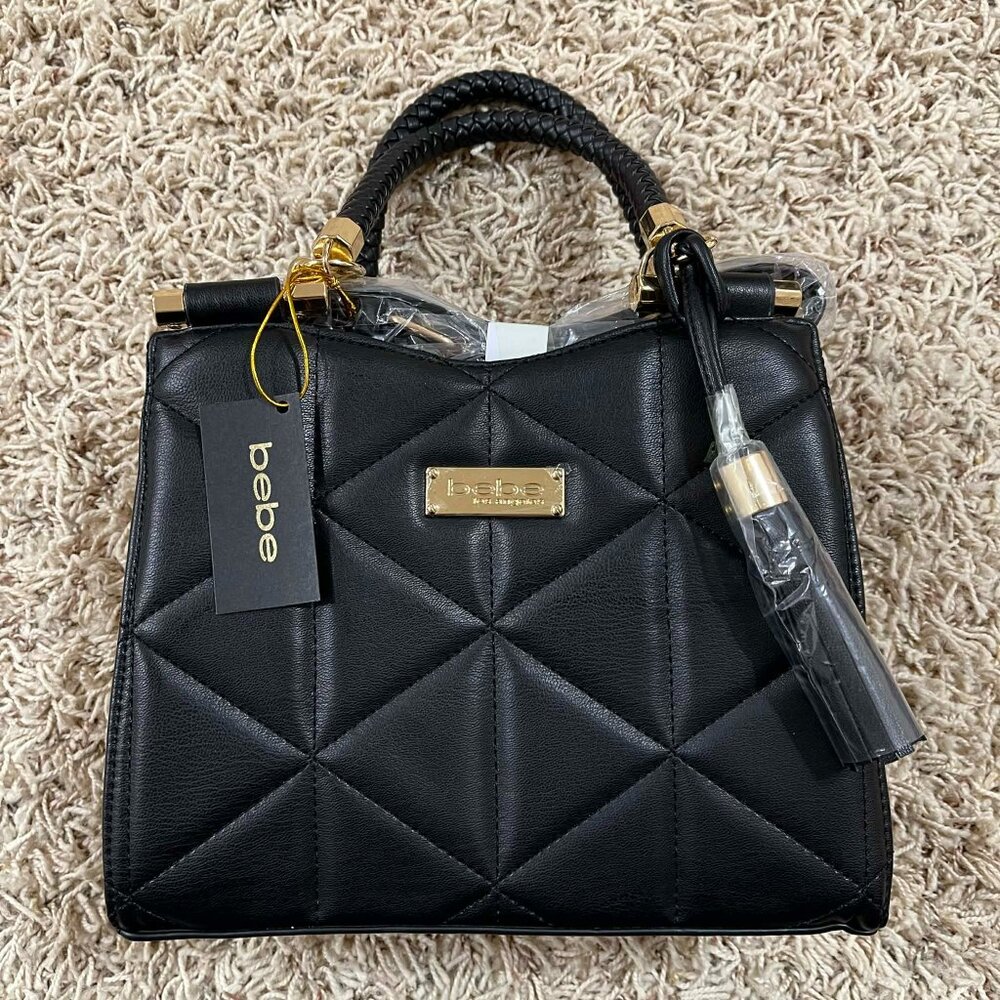 Bebe Women’s Quilted Wyatt Mini Shopper Satchel Crossbody Bag Black (New)
